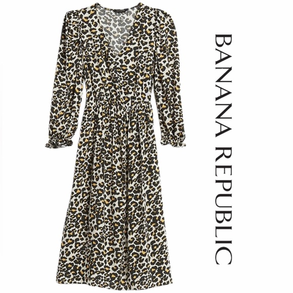 Banana Republic Leopard Print 3/4 Puffed Sleeve Midi Dress Size XS - Picture 1 of 12